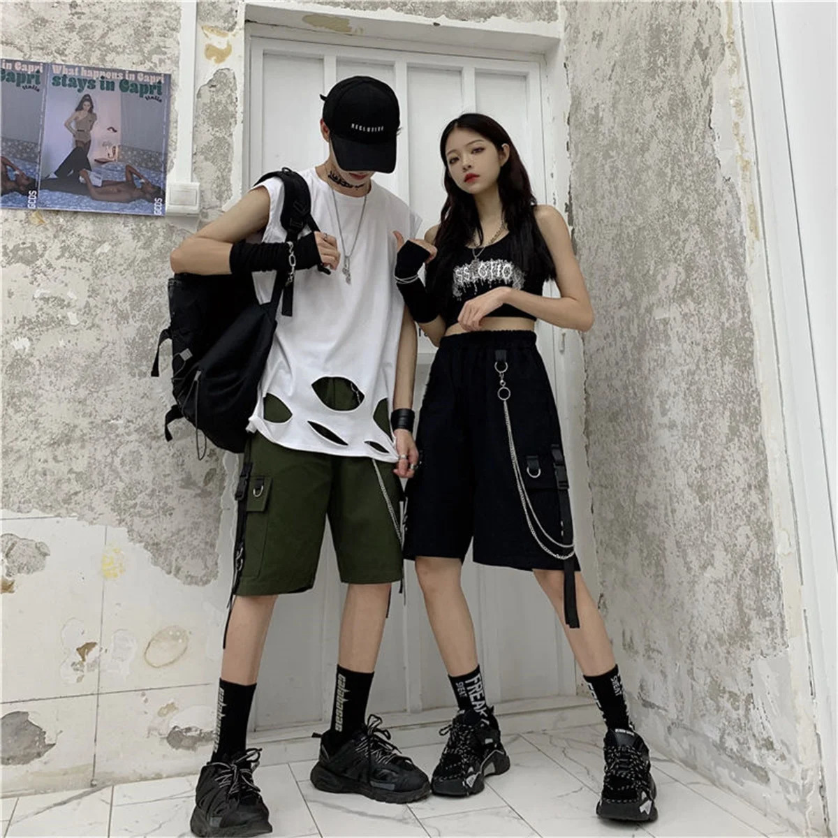 Loose cargo shorts for women large pocket Harajuku Japanese shorts for girls couple Korean Ulzzang Trendy Street summer hip-hop shorts for girls 25021
