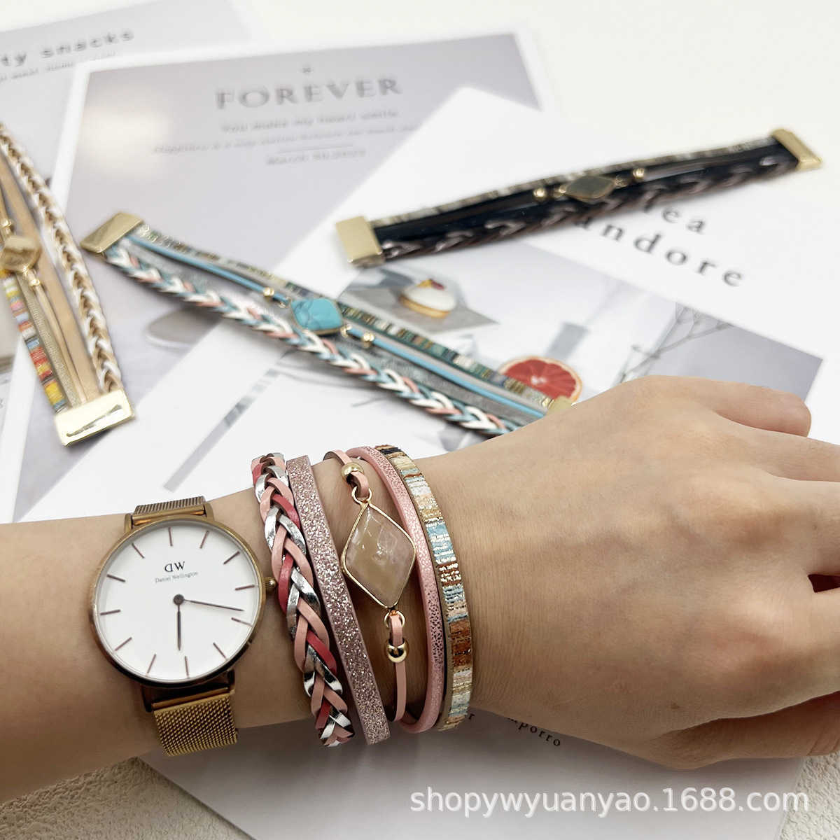 Charm Bracelets Multi layer PU leather natural stone magnetic buckle bracelet Bohemian ethnic style green pine multi row metal bracelet H25220
