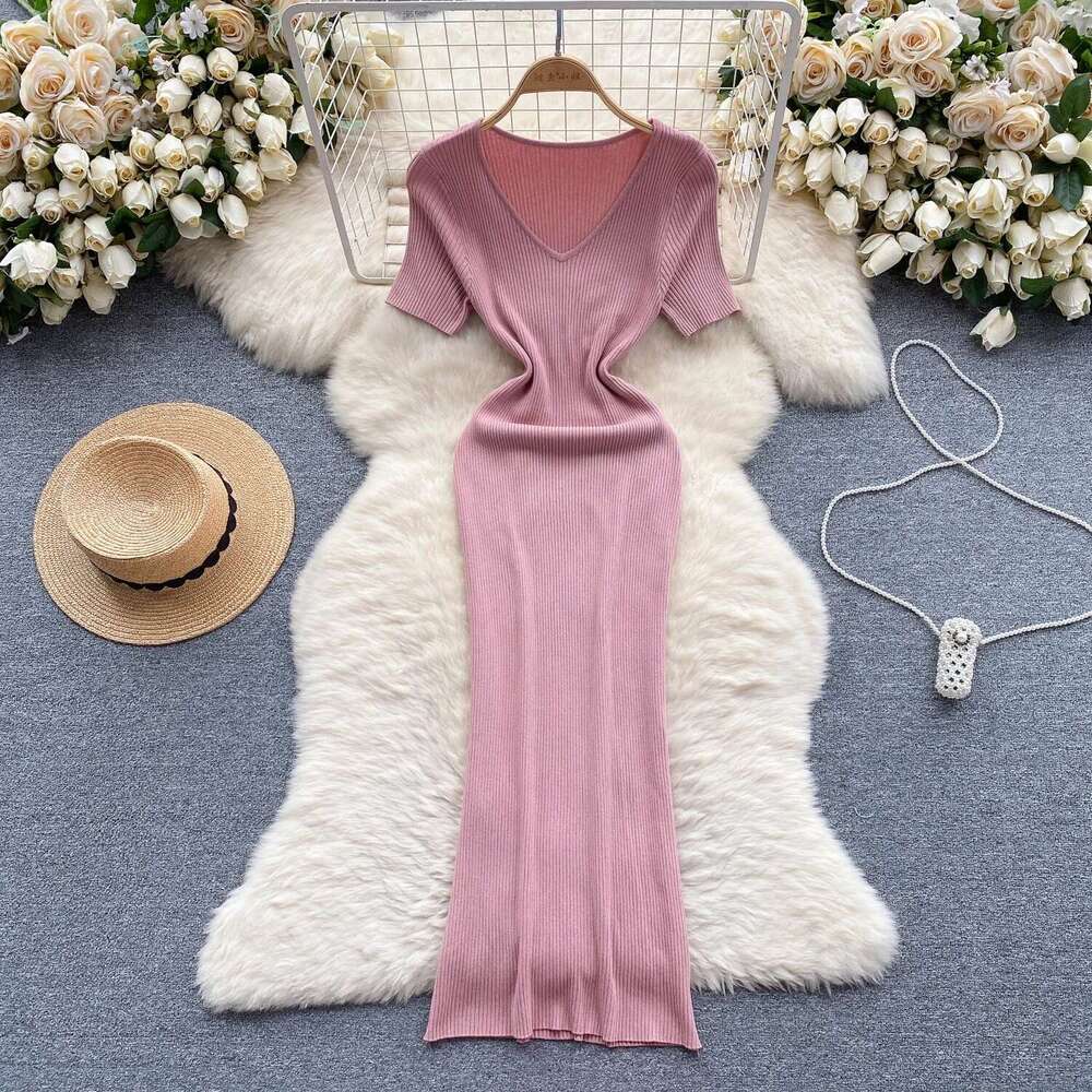Women Knitted Bodycon Solid Dress Summer Female Short Sleeve Knitwear Pullover Maxi Long Party Dresses