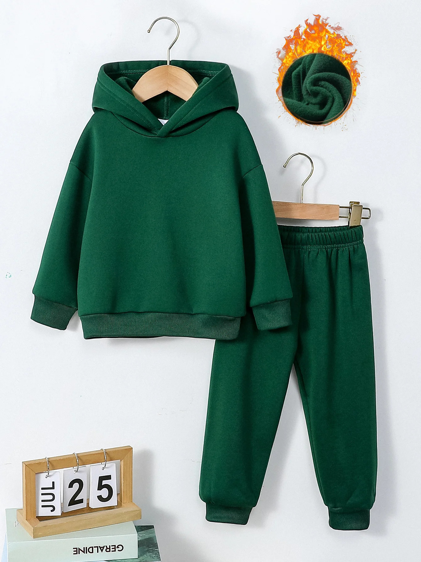 2025 Fall Winter Children Hooded Tracksuits Suits 1-86Y Toddler Boys Girls Clothing Suit Solid Plush Sweater Sports Pants Set 250220