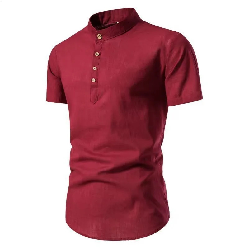 Mens casual shortsleeved standup collar vintage solid color shirt 250220