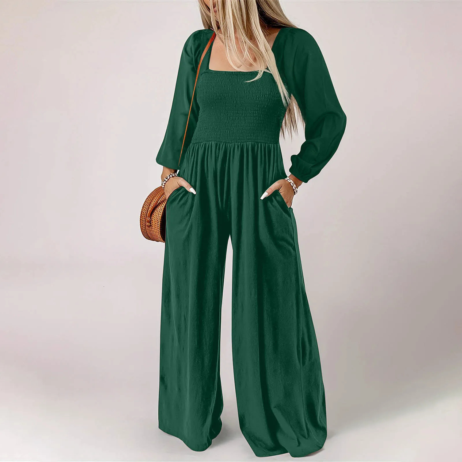 Womens plus size autumn long sleeved jumpsuit casual fashion tight fitting loose pleated wide womens elegant high-quality jumpsuit 250220