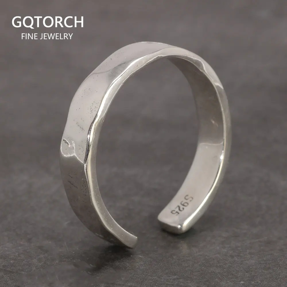 Sterling Silver S925 Bright Hand Hammer Pattern Mens and Womens Rings Minimalist Adjustable Jewelry 250218