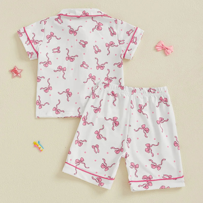 Toddler Kids Baby Girls Summer Pajamas Sets Dot Bow Print Button Down V Neck Short Sleeve Tops Shorts Loungewear Outfits 250219