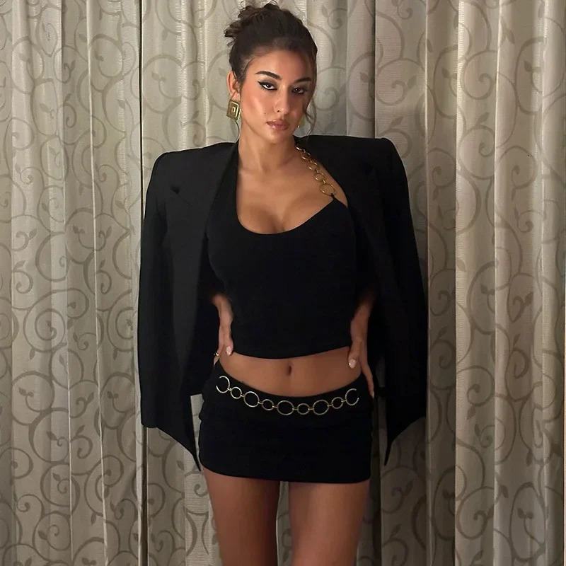 Cryptographic Fashion Chain Halter Two Piece Sets Y2K E-Girl Club Outfits Co-ords Set Mini Skirt Festival Streetwear Clothes 250220