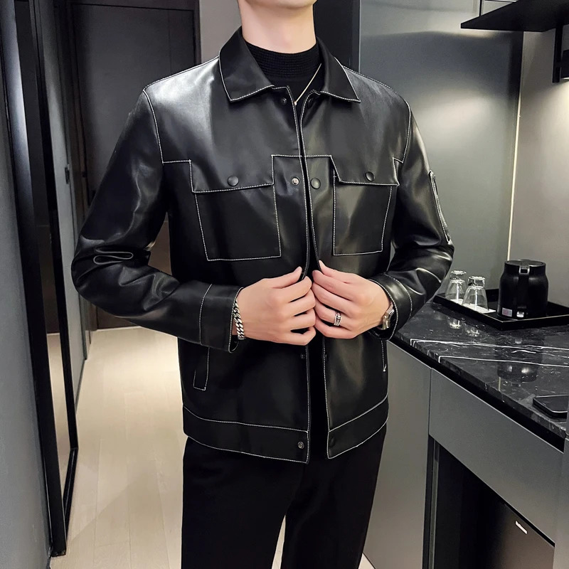 Spring Autumn Cool Motorcycle Leather Jacket High Quality Men Warm Waterproof Lapel Basic Coat Business Casual Cardigan Tops 250210