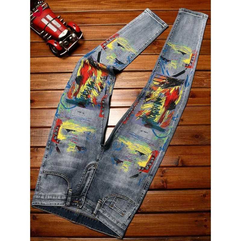 Light luxury MENS printed jeans fashion casual straight leg elastic slim fit designer washed motorcycle street denim pants X250220