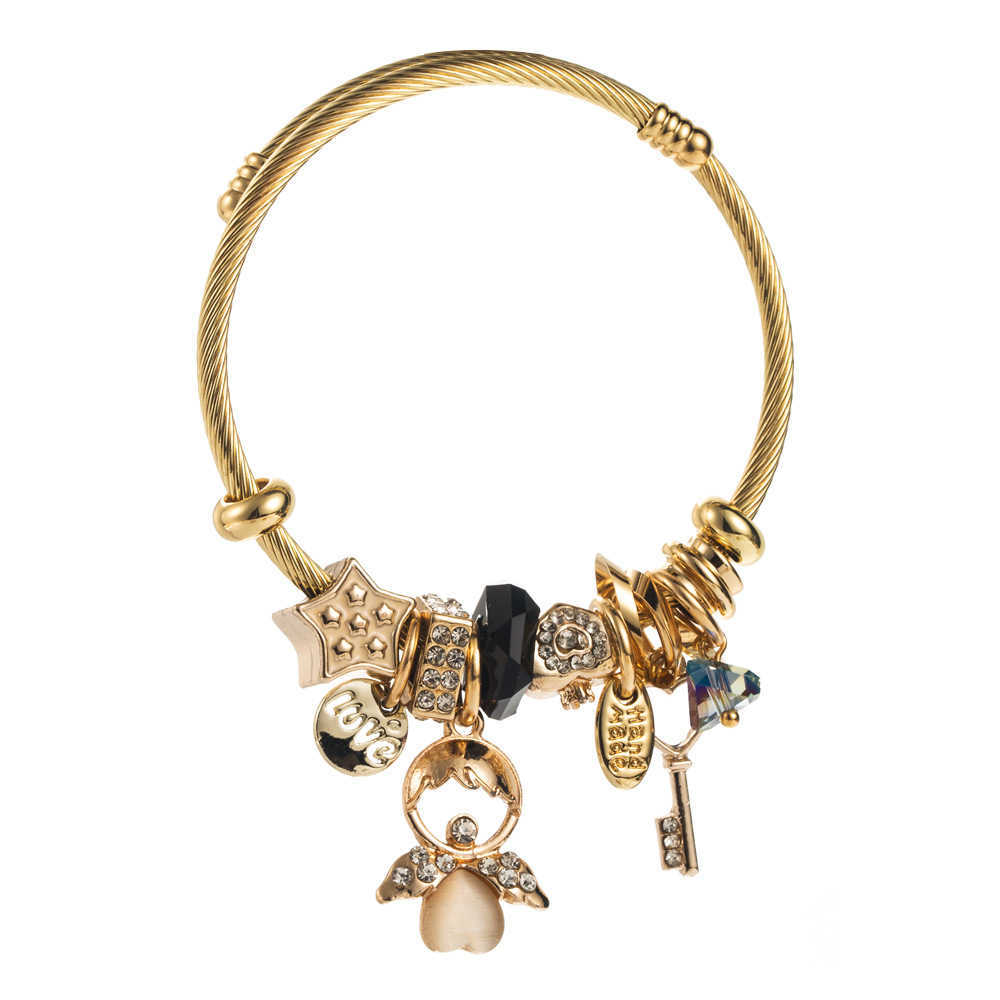 Charm Bracelets New Pan Jia Duo La Beaded Stainless Steel Bracelet for Womens Little Angel Key with Diamond Pendant Adjustable Best Friend Bracelet H2