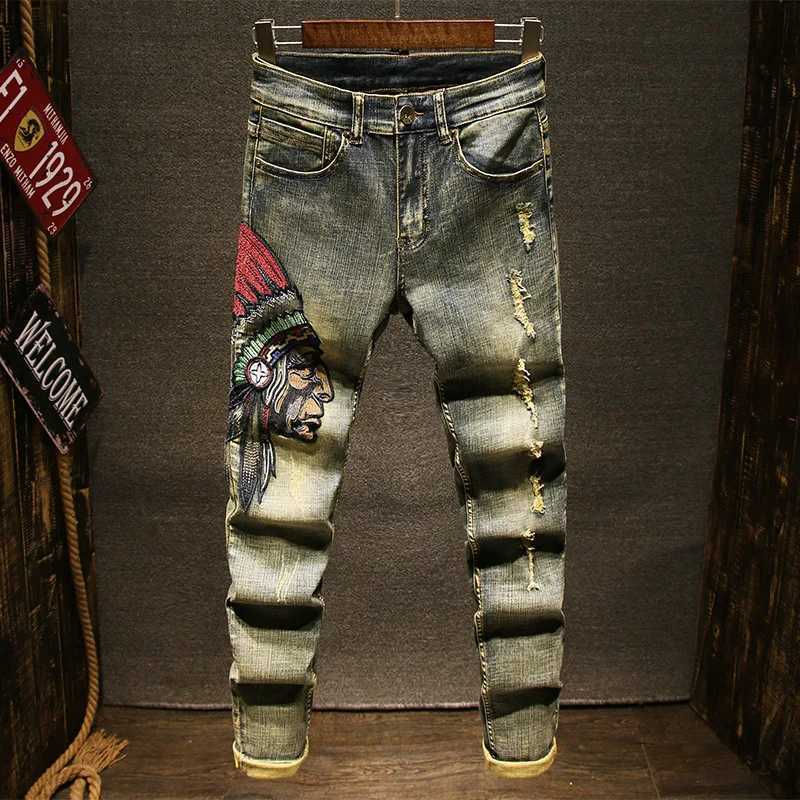 Autumn Winter Embroidered Ripped Jeans for Men Slim Fit Stretchy Trendy Vintage Washed Denim Pants X250220