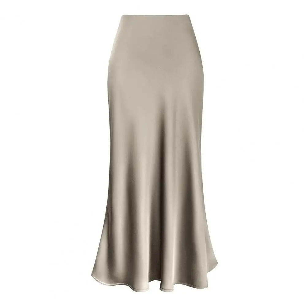 Fishtail Maxi leather elegant synthetic silk satin womens high waisted Aline office solid color glossy finish 250220