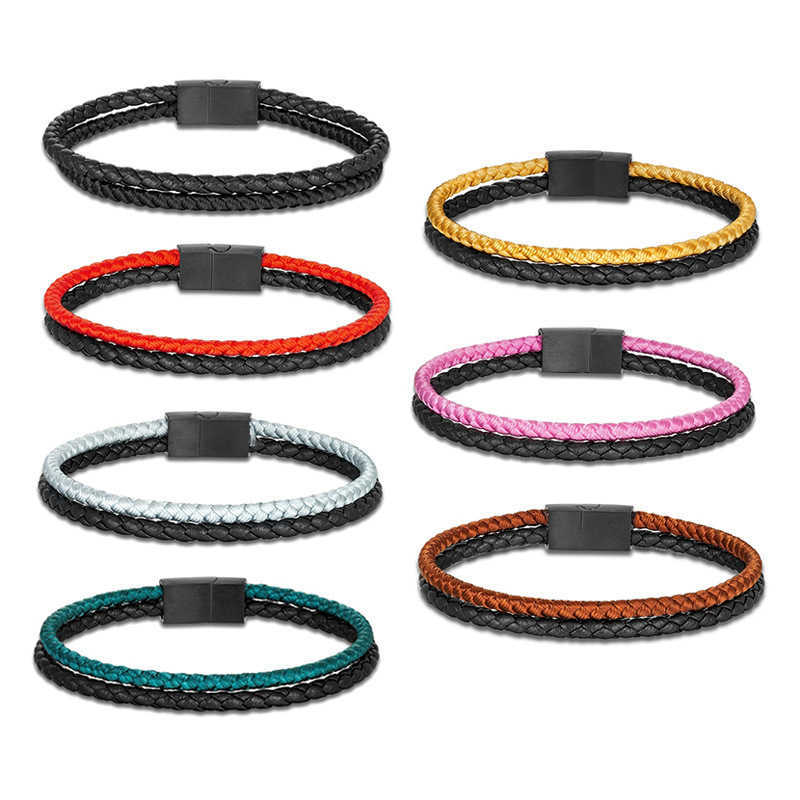 Charm Bracelets New Two tone Woven Bracelet Fashion Trendy Mens and Womens Stainless Steel Double layer Magnetic Buckle Leather Bracelet H25220