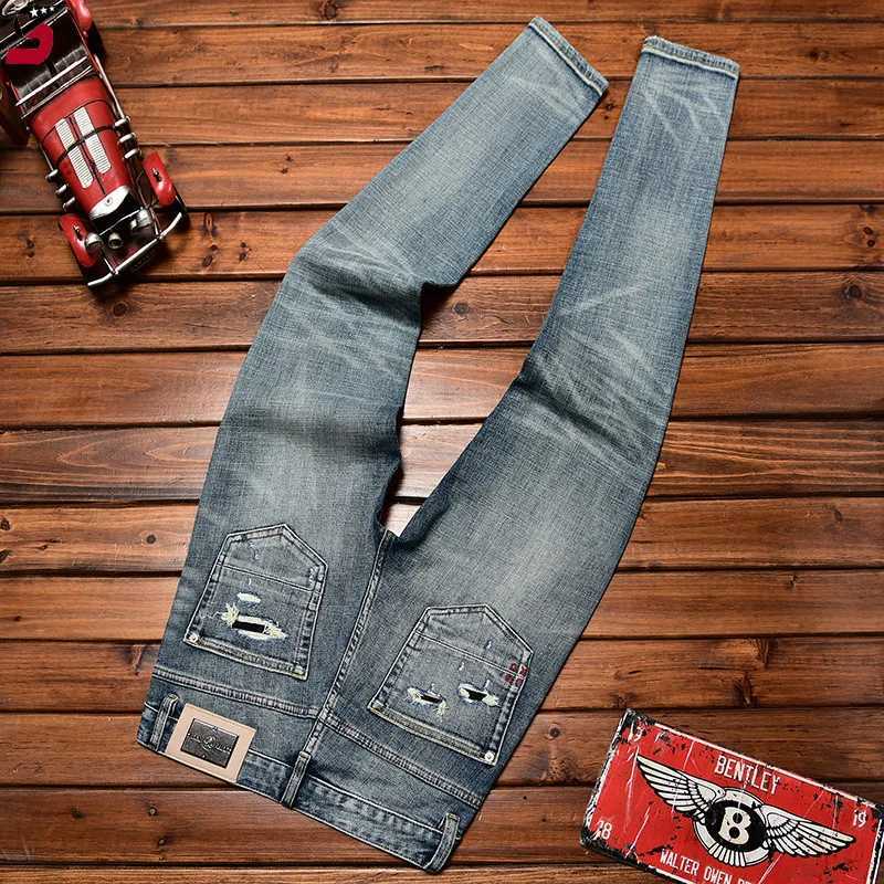 2024 personality Street jeans mens fall slim fit skinny fashion ripped patch scrape denim trousers X250220