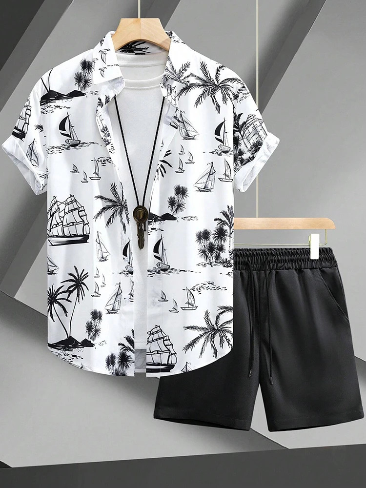 Hawaiian Coconut Tree Print Mens Shirt Summer Short Sleeve Tops Beach Shorts 2 Piece Sets Casual Vacation Style Outfit Clothing 250220