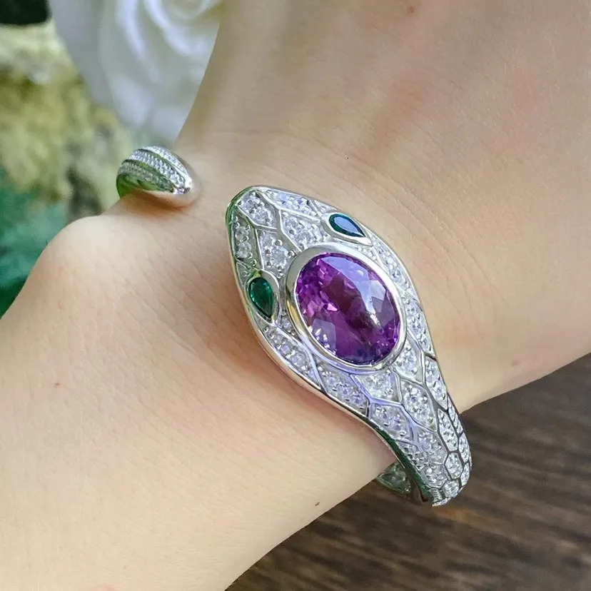 Silver Color Snake Shape Bracelets for Women Fashion Inlaid Amethyst Opening Cuff Bangles wholesale Jewelry 250220
