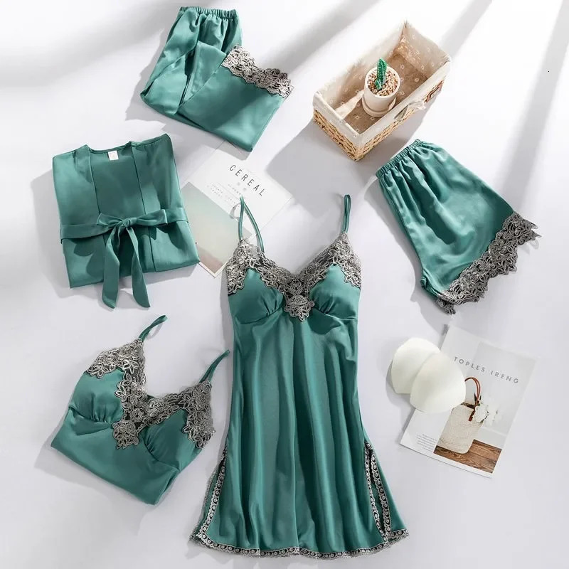 5PCS Sleepwear Sleep Suit Sexy Womens Lace Pajamas Sets V-Neck Satin Pajamas Intimate Lingerie Spring Nightwear Home Wear PJS 250219