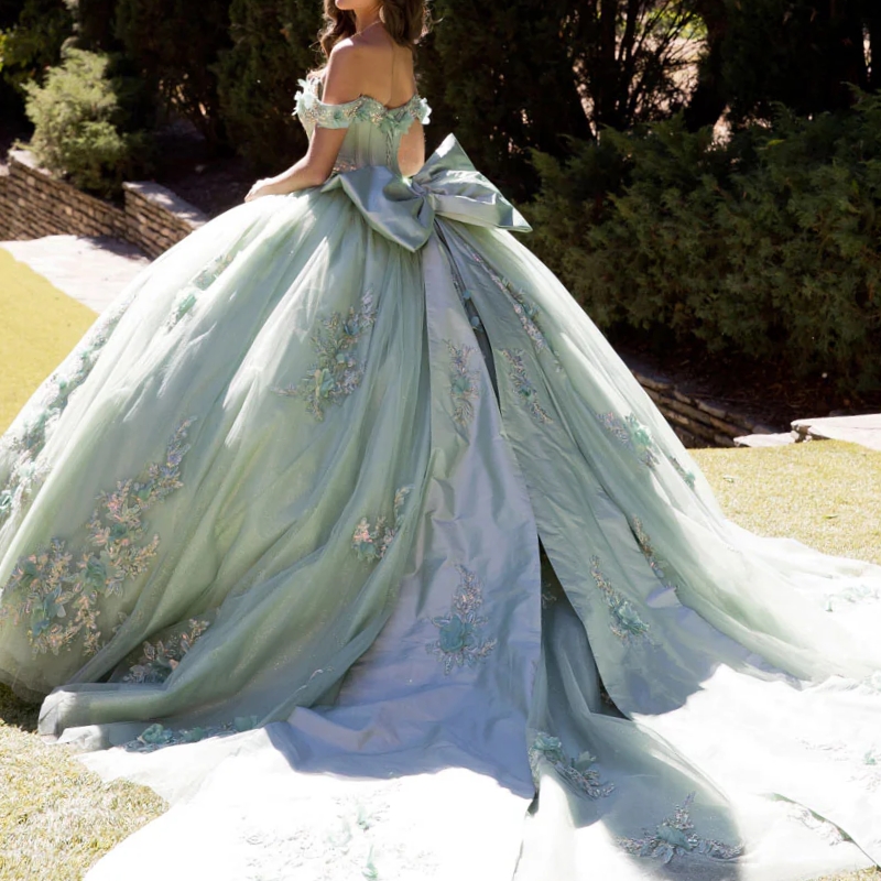 Sage Green Shiny Quinceanera Dresses Ball Gown Off Shoulder Appliques Flower Bow Beads Tull Sweet 16 Dress Vestidos 15 De Anos