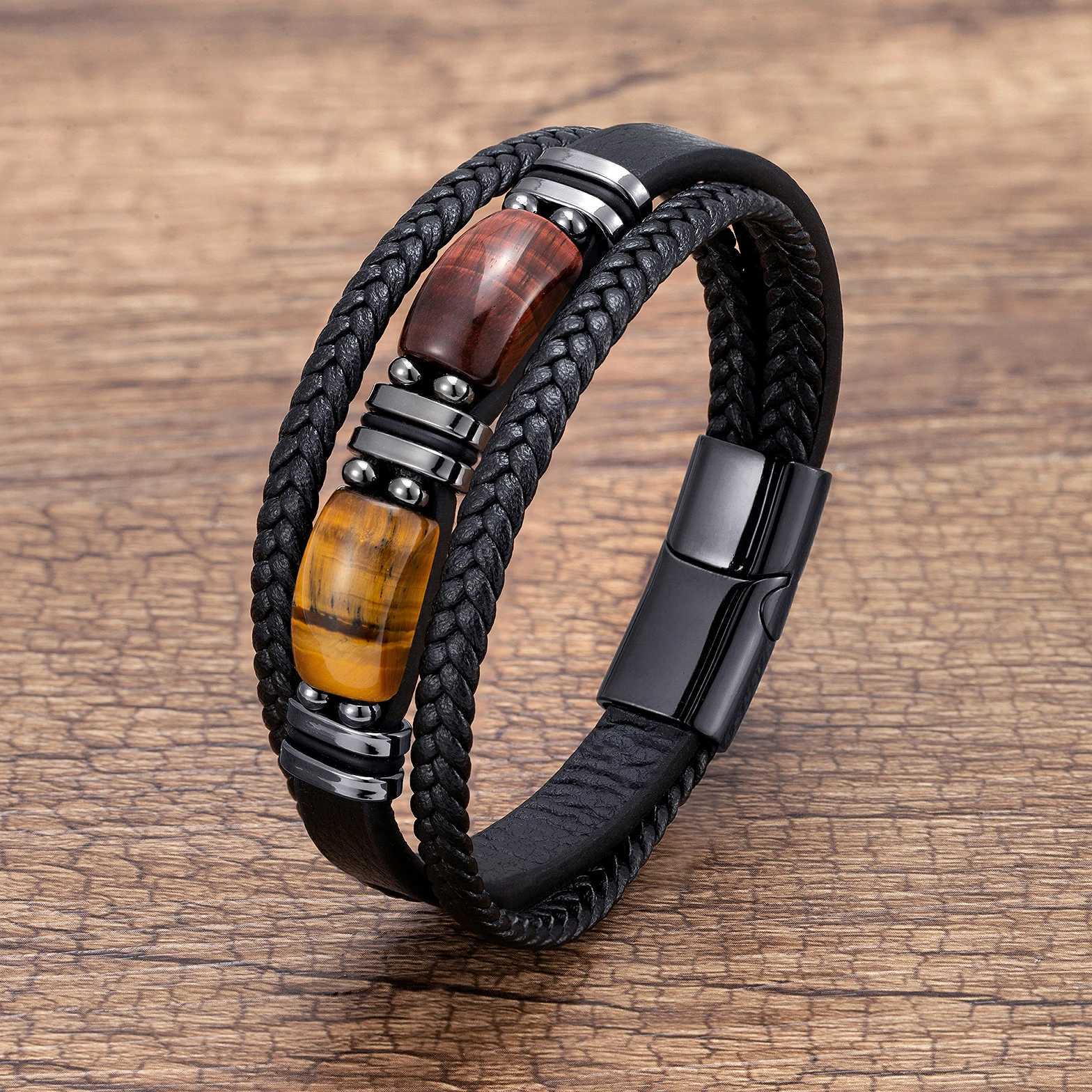 New Natural Tiger Eye Stone Mens Wristband Bracelet Hand-woven Multi-Layer Braided Leather Bangles Stainl Steel JewelryXJ250219