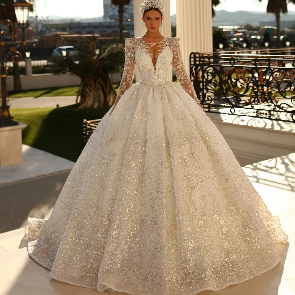 A e Women Wedding Jewel Neck Long Sleeves Bridal Gowns Sequins Lace Sweep Train Dress Custom Made vestidos de novia