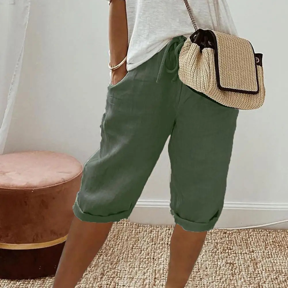 Womens Shorts Vintage Style Loose Drawstring Kneelength Pants for Ladies Breathable Elastic Waist with Pockets A Wardrobe 250214