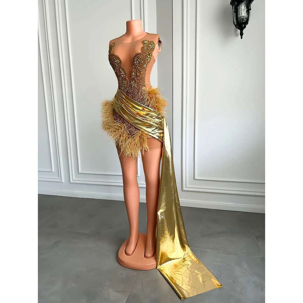 Dia Gold Formal Ocn Tail Sheer Sexy See Through Black Girls Feather Short Prom Dresses Birthday