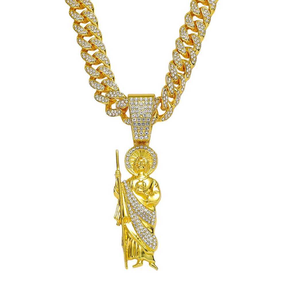 Hip Hop Men Bling d Out Crystal Miami Cuban Link Necklace For Women San Judas 13mm Cuban Chain Religious Jewelry Pendant GiftXJ250219