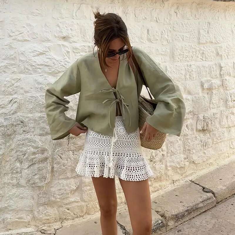 Lace Up Bow Cotton En Shirt Women Loose Solid V Neck Flare Sleeve Blouse Spring Summer Female Casual Simple Tops