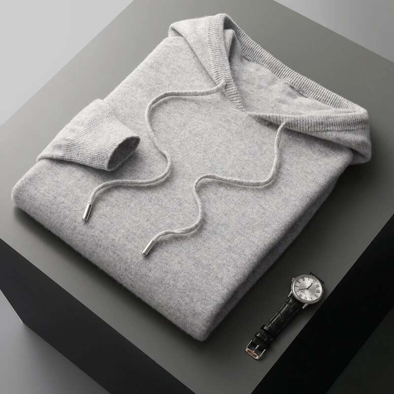 Autumn Winter New Merino Sweater Men's 100% Wool Hooded Collar Knitted Pullover Casual Long Sleeved Hoodie