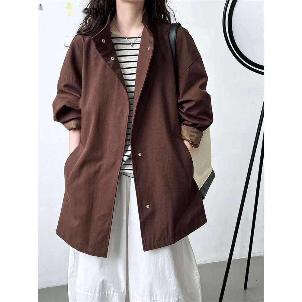 2025 High-End Temperament Silhouette Stand Up Collar Trench Coat Women Lazy Minimalist Jacket Apricot/Coffee/Black