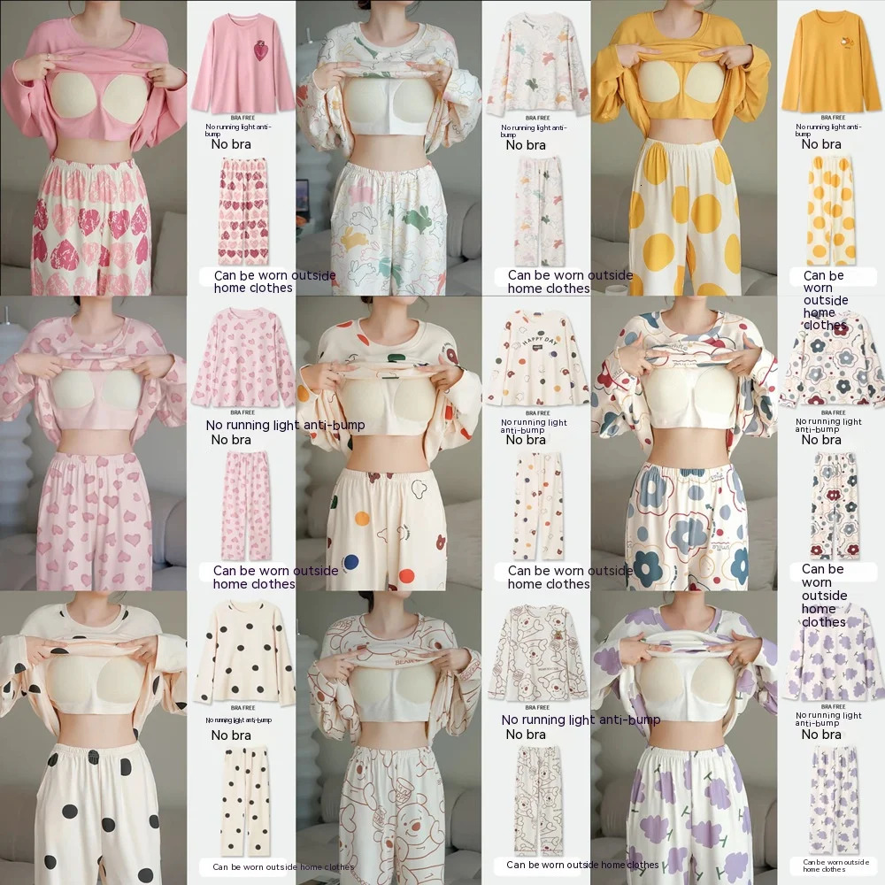 2PCS/Set Women Big Size with Chest Pads Pajamas Spring Autumn and Winter Long-Sleeved Headset Loose Homewear Can Be Worn Outside 250219