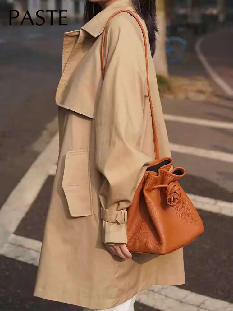 Stylish String Close Tote Small 100% Natural Cow Leather Women's Hand Denim Blue Beige High Quality Ladies Shoulder Bag