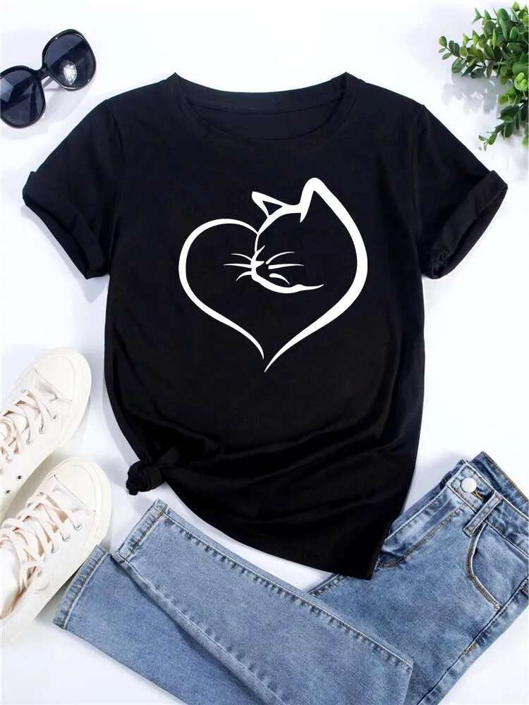 Kawaii Cat Printed Casual Designer T Shirt Summer Cute Women's T-shirts Fun Cartoon Tshirt 90s Fashion Korean Tops