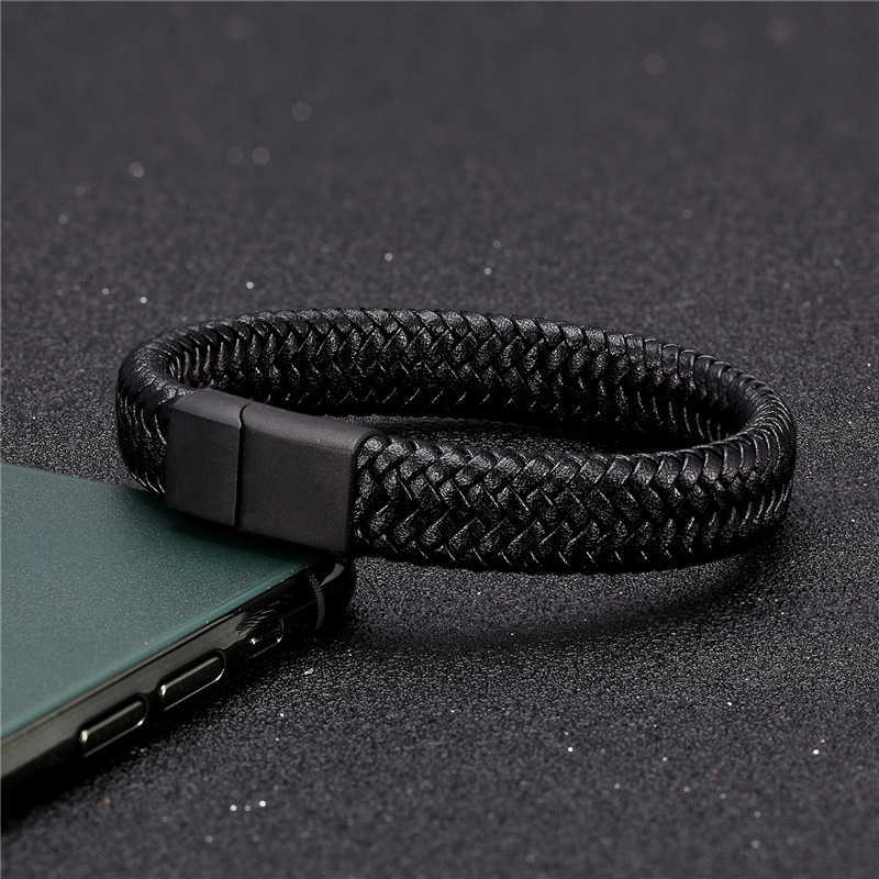 Charm Bracelets Hot selling stainless steel woven leather bracelet simple black magnet CLASP BRACELET H25220