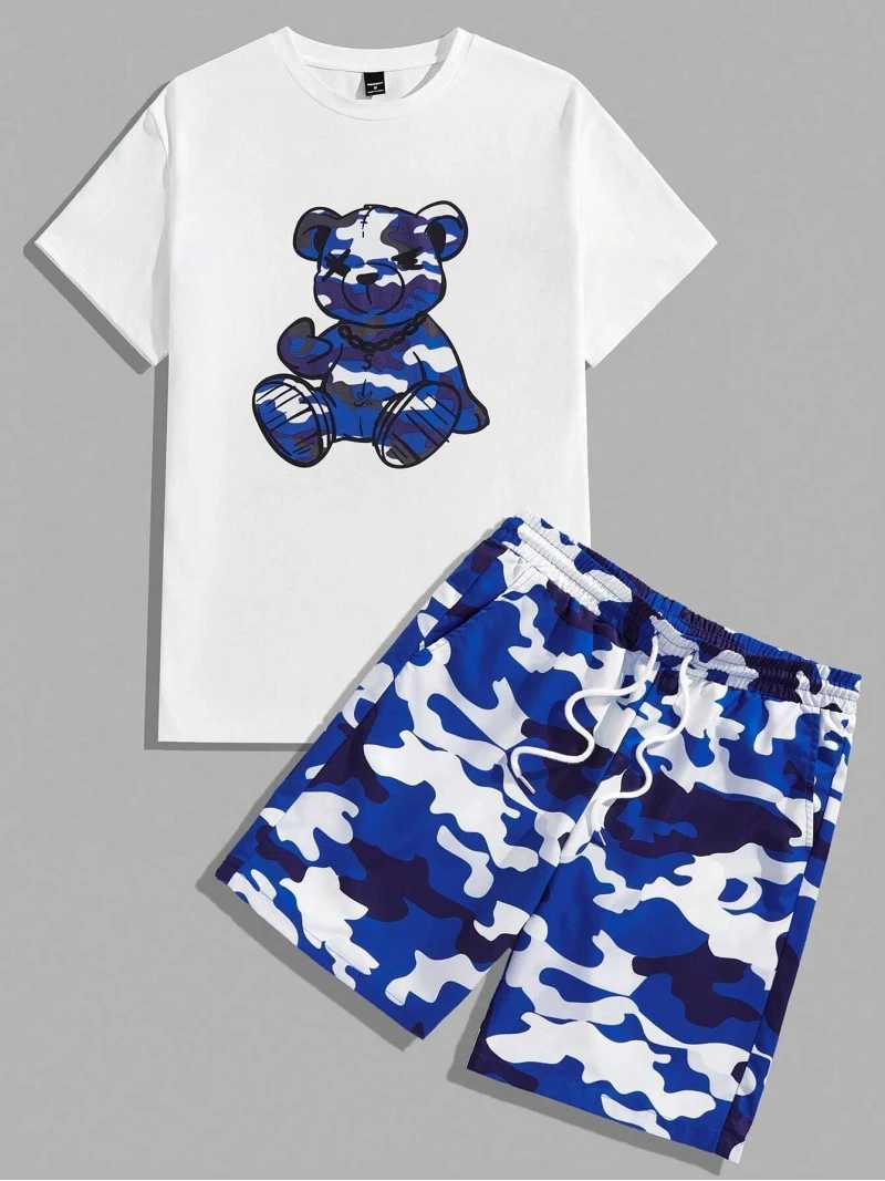 Men's Tracksuits Trendy Mens Round Neck T Short Sleeve Set Camouflage Bear Printed Pattern T Shirt and Shorts Casual Mens Two Piece Set z250220
