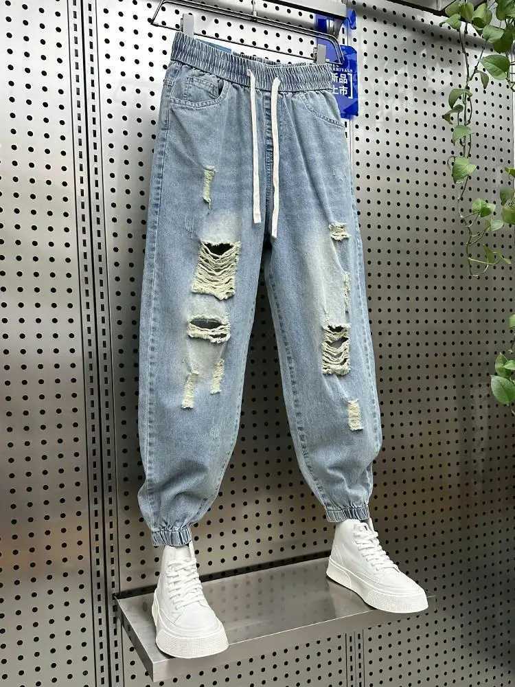 Mens Broken Hole Harlan Jeans Pants Loose Contrast Color Beggar Cargo Denim Pants Baggy Jeans For Men Y2k Streetwear mens pants X250220