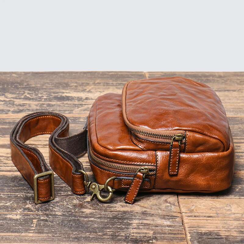 Vintage Casual Men's Head Layer Cowhide Leather Shoulder Handmade Original Horizontal Messenger Phone Bag LEATHFOCUS