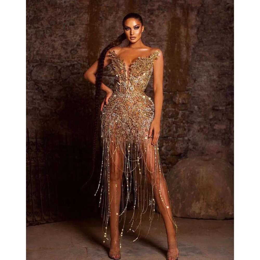 Female Sexy Fringed Formal African Night Short A Ha Prom Dresses Bright Party Bags Celebrity Dress 2021