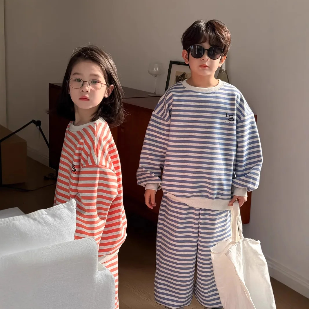 Ins Spring Children Girl 2PCS Clothes Set Letter Printed Stripe Long Sleeve Sweatshirt Suit Loose Sports Pant Kid Girl Tracksuit 250219