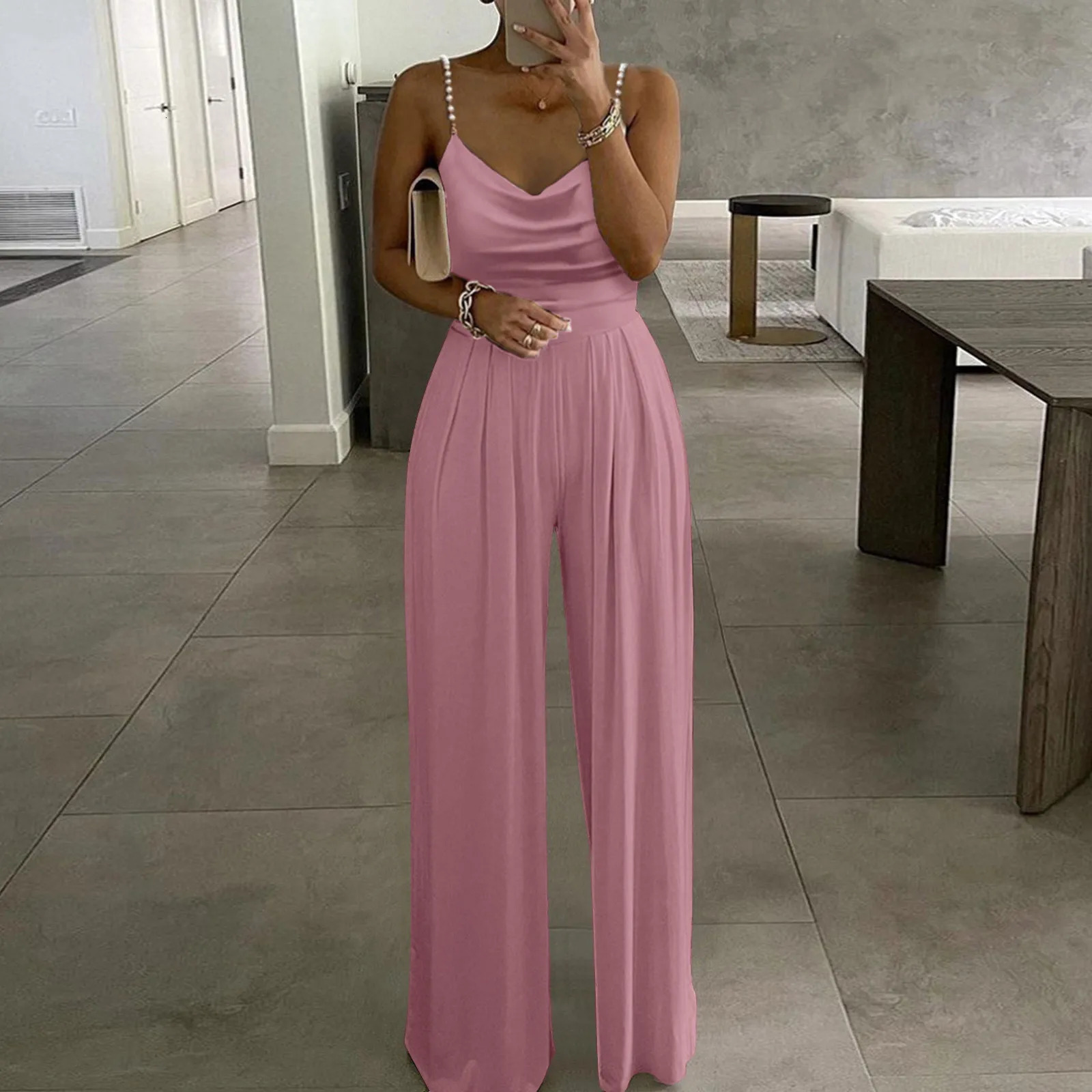 Womens Party Sexy Spaghetti Strap Jumpsuits Fashion Pile Neck Pearl Bandage Rompers Female Wide Leg Pant Overalls 250220