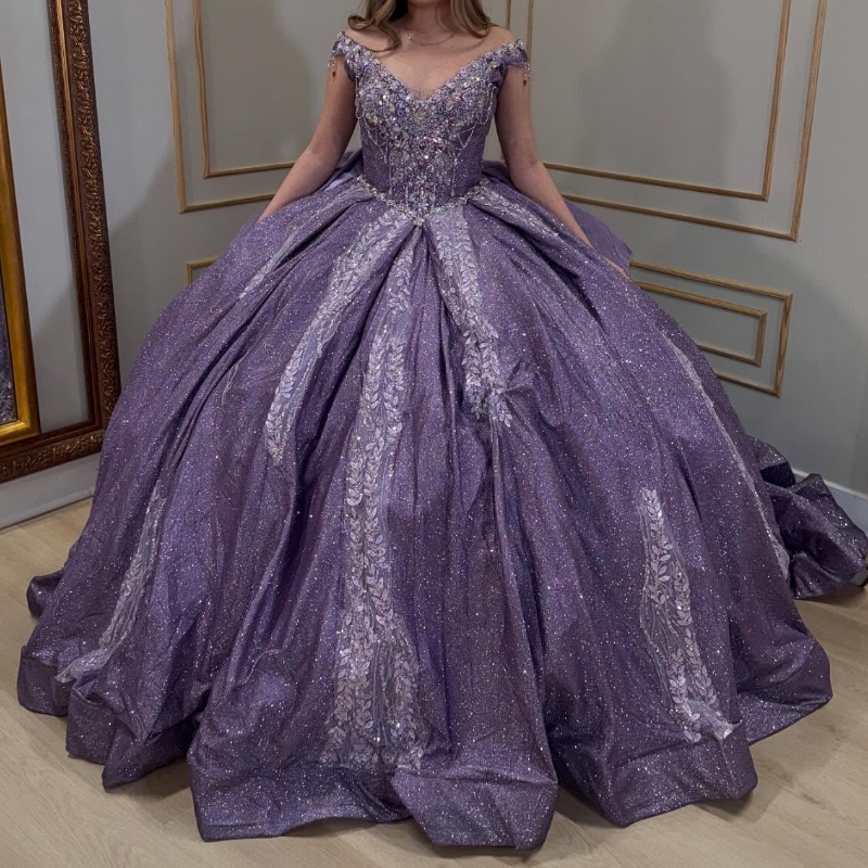 Lilac Shiny Quinceanera Dresses Ball Gown Off Shoulder Appliques Lace Beading Crystal Tull Sweet 16 Dress Vestidos 15 de anos
