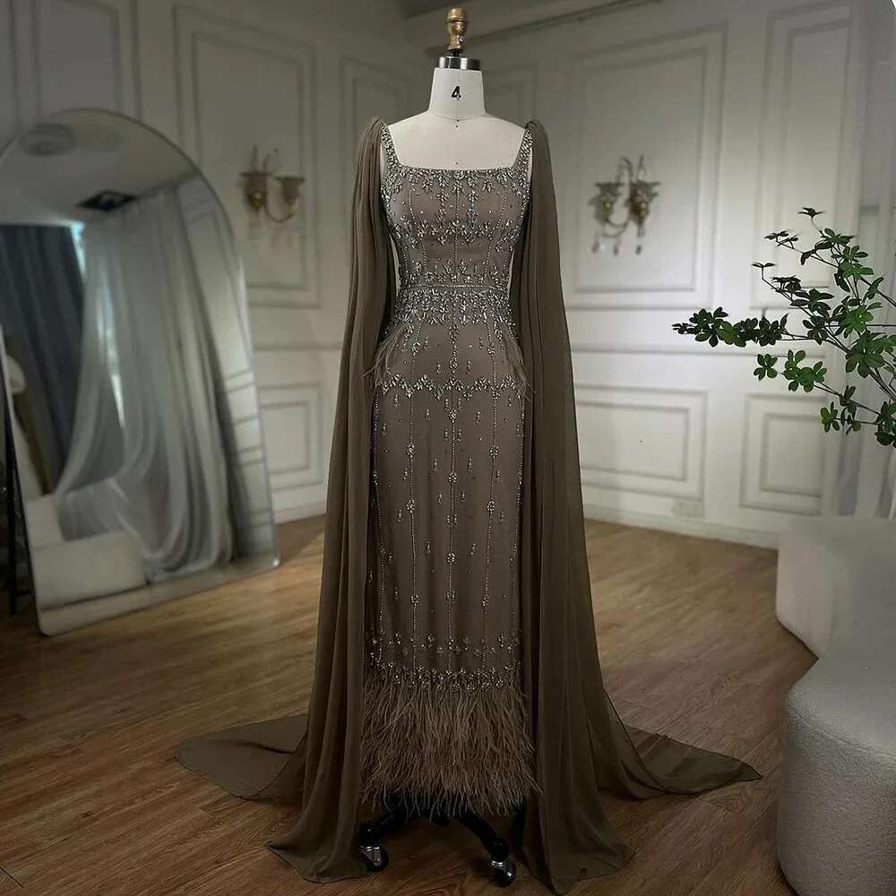 Mermaid Caramel Ankle Length Evening Dresses Gowns Beaded Feather Evening Party Customize
