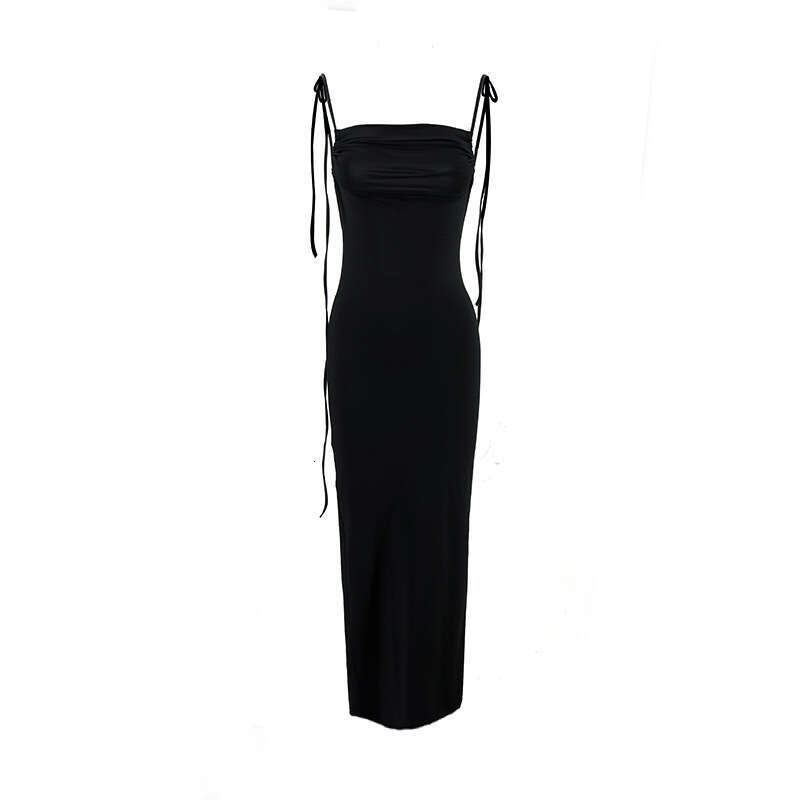 European and American ins pleated sexy backless suspender bag buttocks long solid color dress wholesale 2025 new casual fashion trend clothing