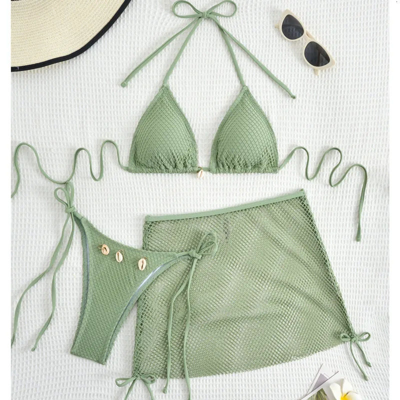 Sexy Net Bikinis Female Swimsuits Women Three-Piece Swimwear Beach Swim Wear Bathing Suits Brazilian Bikini Set Pool Bather 250220