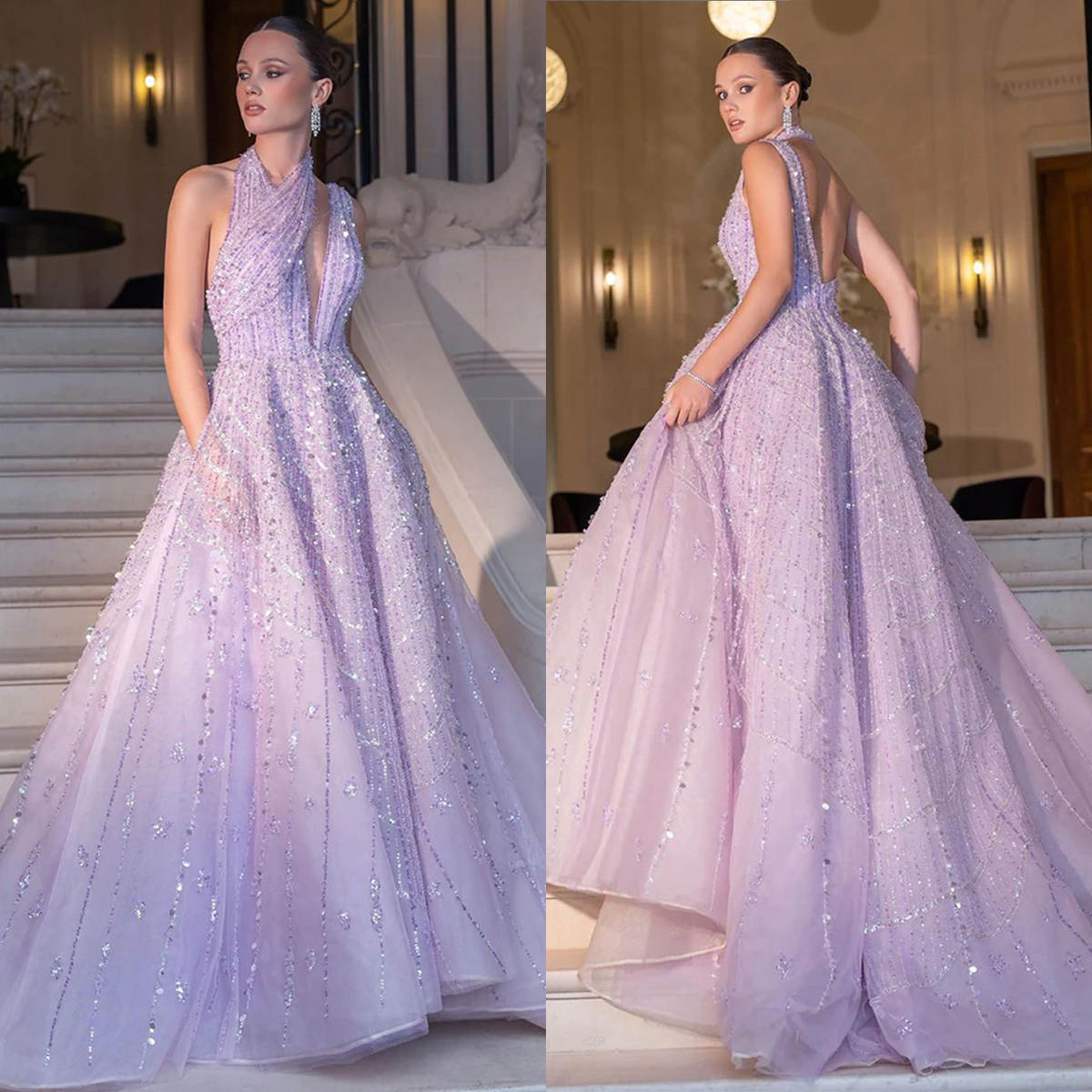 Purple Glitter A-Line Tulle Prom Dresses For Women Sequins Evening Party Dresses Floor-Length Gowns 2025 Special Occasion Customized Vestido de novia