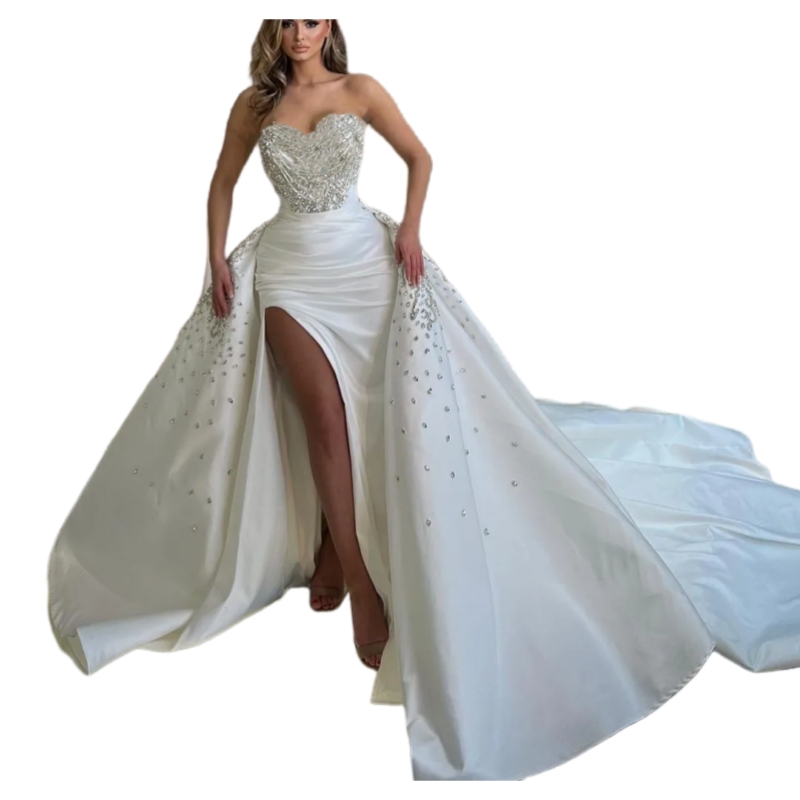 2025 Rhinestones Beaded Luxurious Wedding Dresses Sweetheart Satin Long Bridal Gown With Detachable Train Side High Slit Bride Dress Vestido De Novia