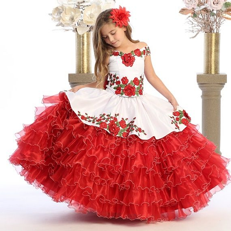 White and Red Charro Girls Pageant Dresses Tiered Floor Length Embroidery Floral Toddler Birthday Party Dress Kids Formal Wear Wedding Flower Girl Dre