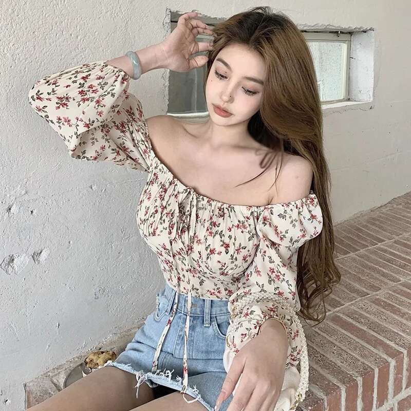 Blouses Women Slim Ral Print Lantern Sleeve Elegant Female Temperament Schoolgirls Spring All-Match Leisure Holiday Clothes