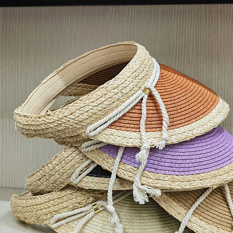 6 Color Straw Visor Hat Cord Band Sun Cap Sunshiny Holiday Beach Cap Women Girl Two Tones Patchwork Summer Cap Free Size 250219