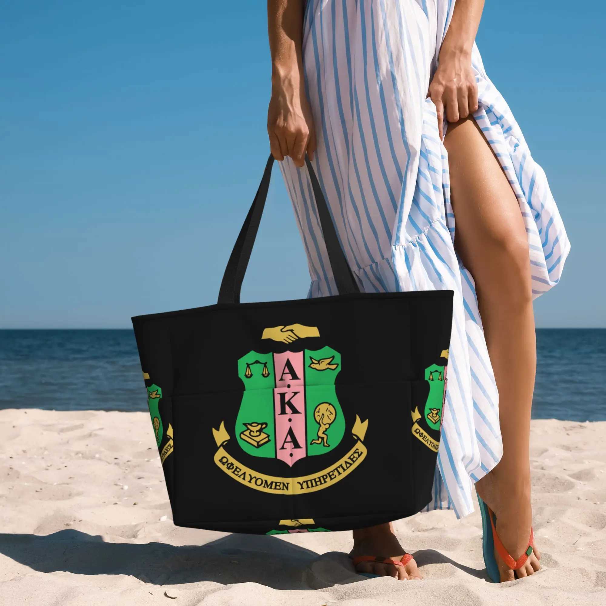 AKA Sorority Large Waterproof Beach Bag for Women Sandproof Pool Bag Tote Bag with Zipper and Pockets for Gym Travel Vacation Z250219