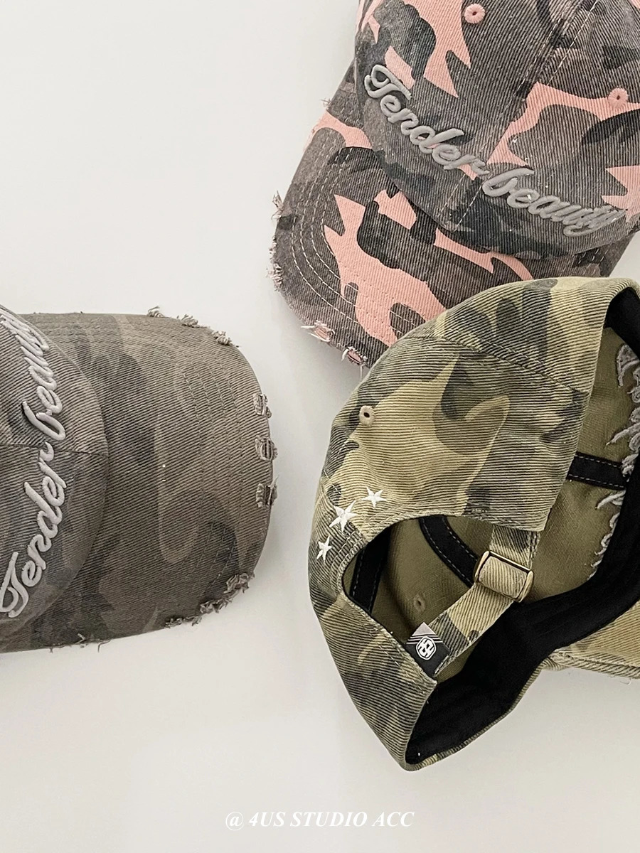 Korean style camouflage embroidered baseball cap womens street fashion soft top sun hat mens foot cap 250214