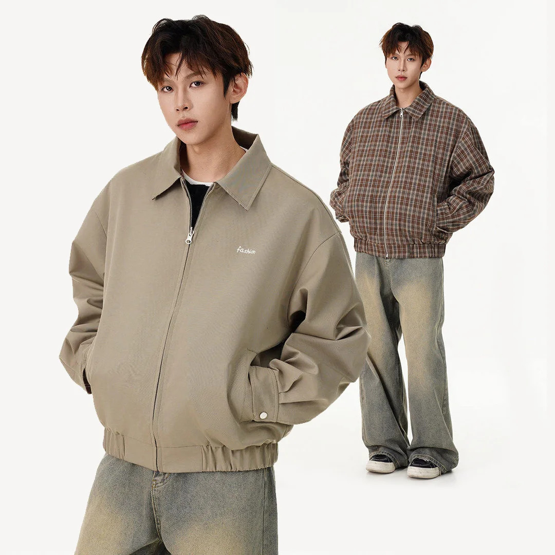 Double Sided Wearable Bomber Jacket Men Streetwear Fashion Loose Causal Vintage Plaid Varsity Jacket Unisex Coat Outerwear 250219